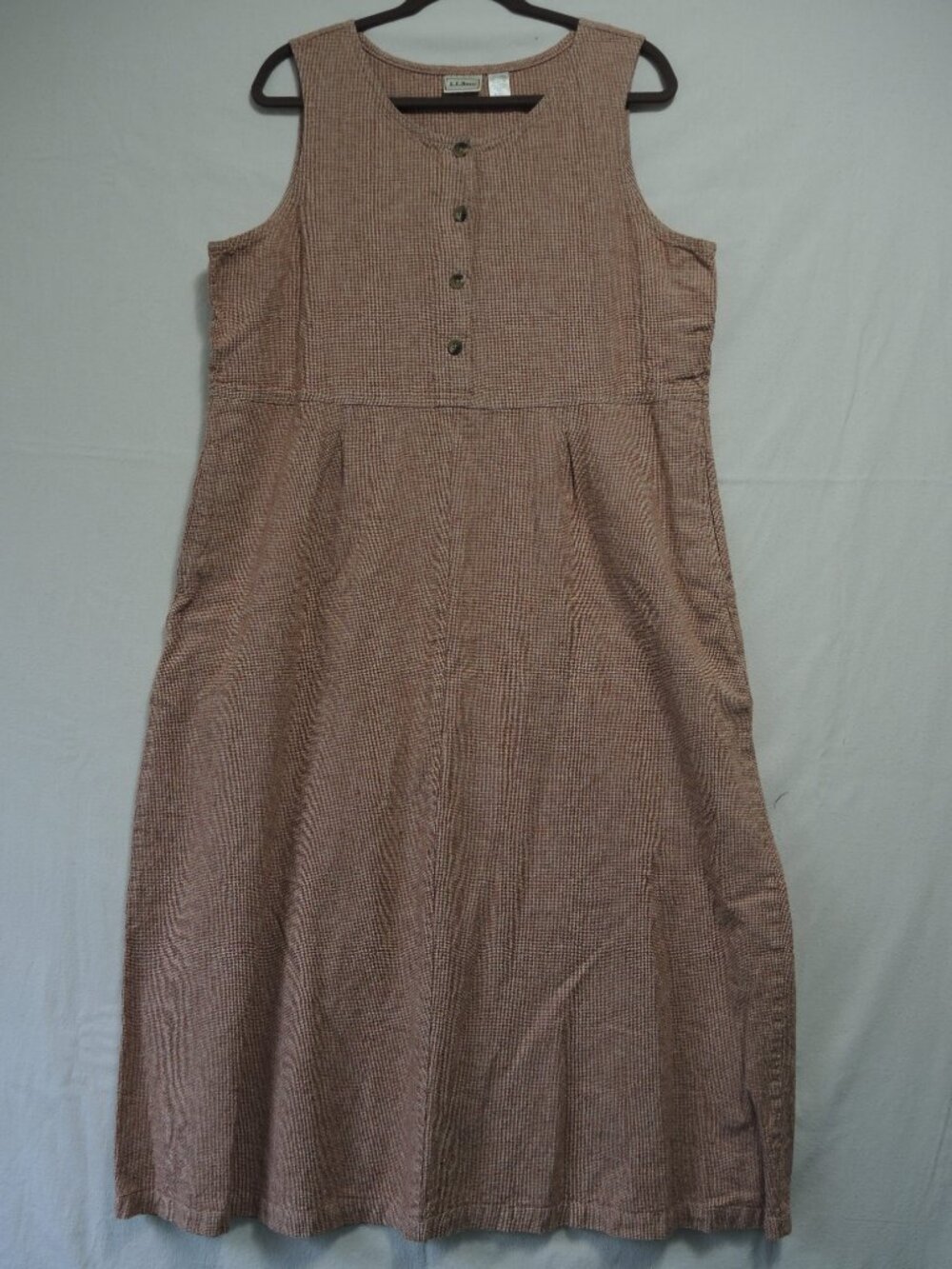 L.L.Bean Linen Cotton Sleeveless Summer Dress Mini Houndstooth Red Cream Sz 16